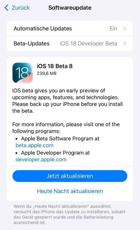 兴宁苹果手机维修分享苹果 iOS / iPadOS 18 开发者预览版 Beta 8 发布 